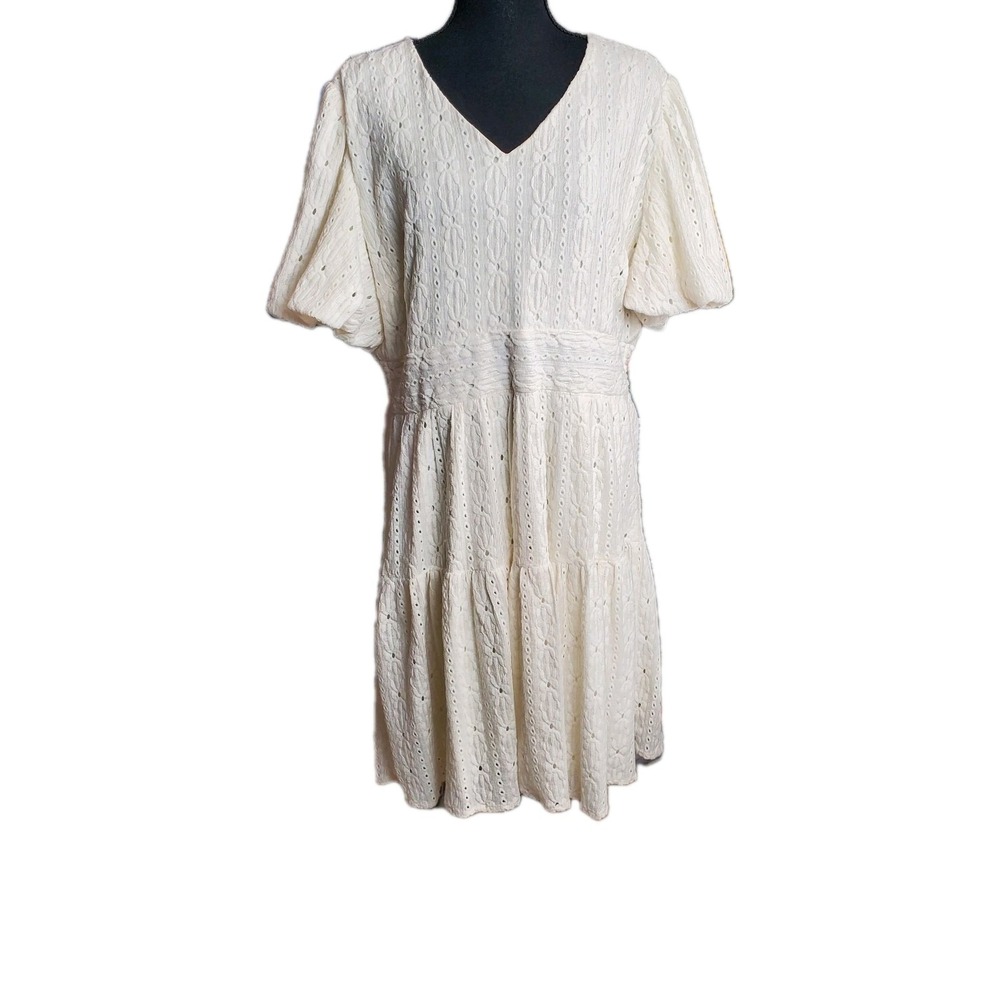 Creamy White Eyelet Lace V-Neck Balloon Sleeve Babydoll Midi Dress Womens Sz XL